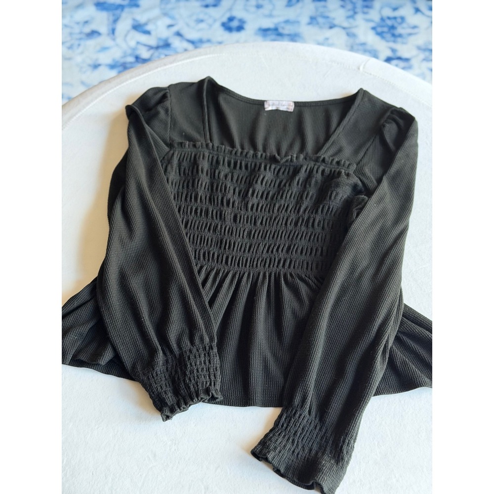 Altard State Smocked Square Neck Peplum Top Long Sleeve Black Women's M